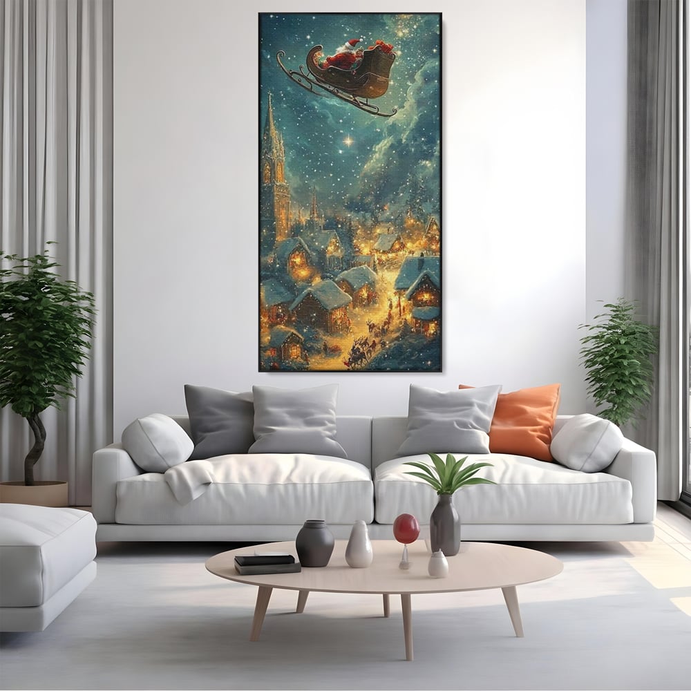 Tablou canvas cu tablou canvas cu mos craciun in sanie, in rama de aluminiu negru, pe perete intr-un living
